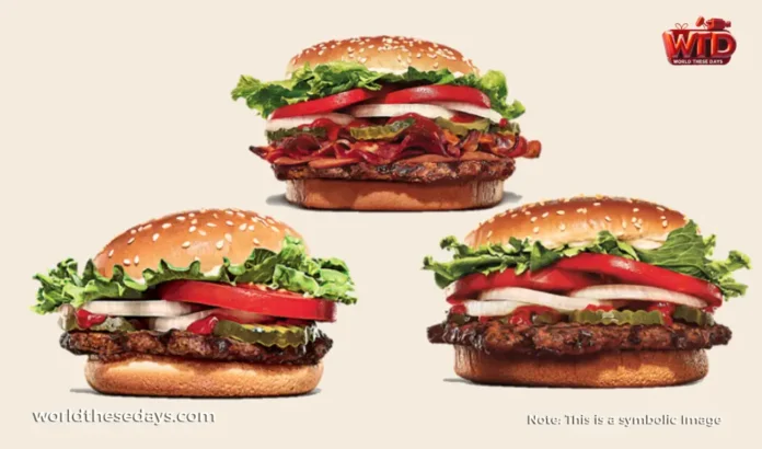 A close-up of three new Whoppers from Burger King: Spicy, Cheesy, and Bacon.